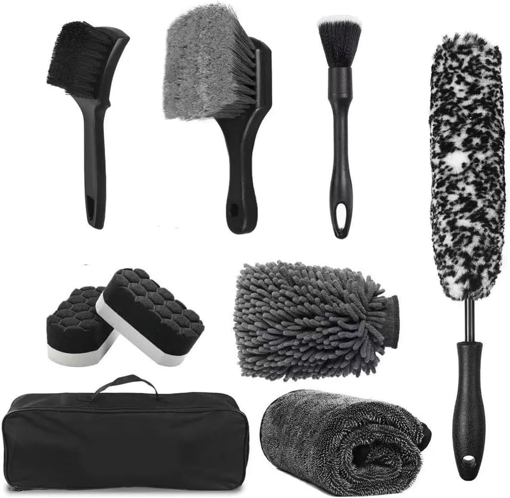 9-Piece Car Cleaning Kit, Including Wheel Cleaning Brush, Microfiber Cleaning Cloth, Soft Bristle Rim Brush, Tire Shine Applicator Pad, and Complete Car Detailing Tools