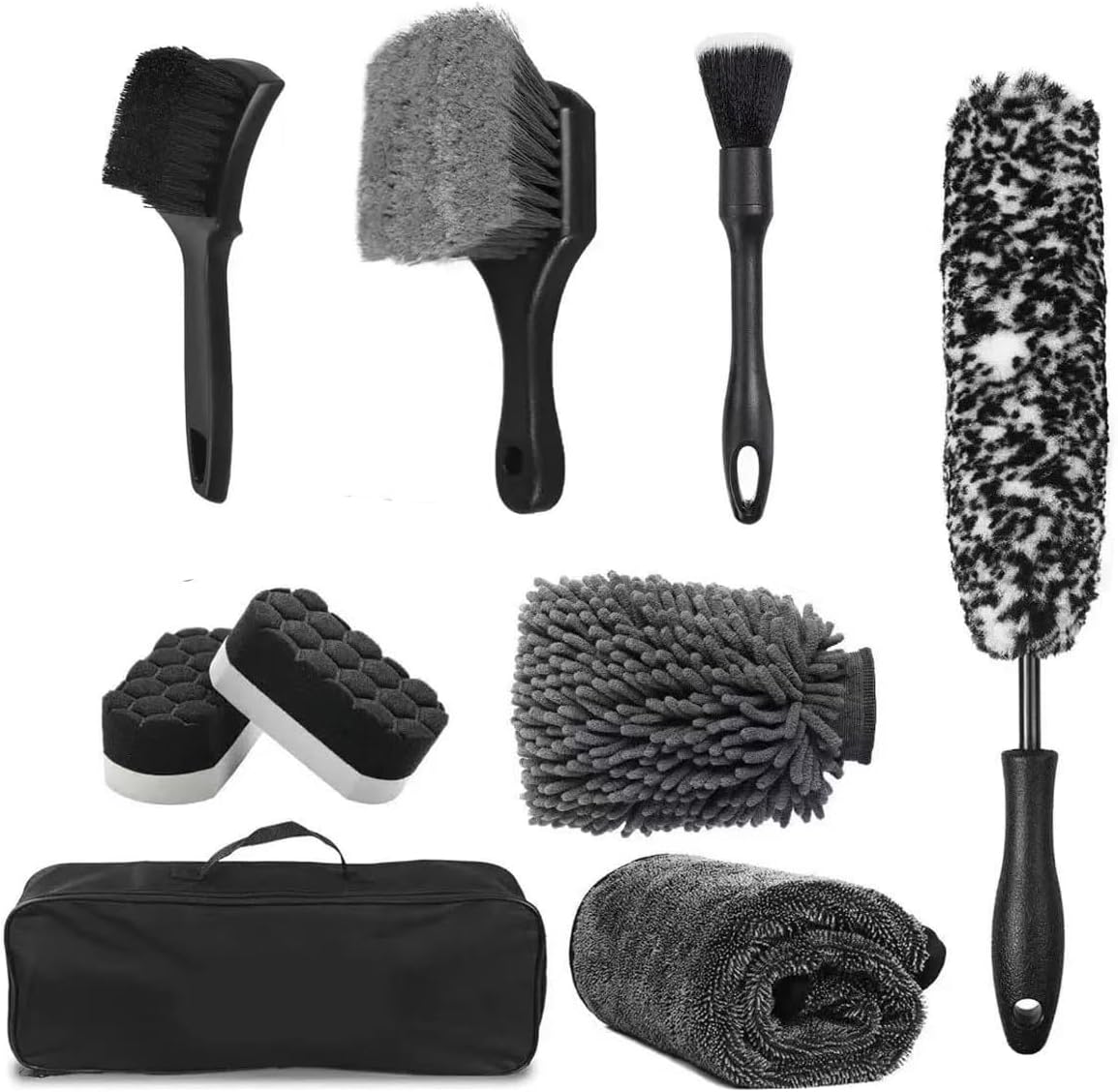 9-Piece Car Cleaning Kit, Including Wheel Cleaning Brush, Microfiber Cleaning Cloth, Soft Bristle Rim Brush, Tire Shine Applicator Pad, and Complete Car Detailing Tools