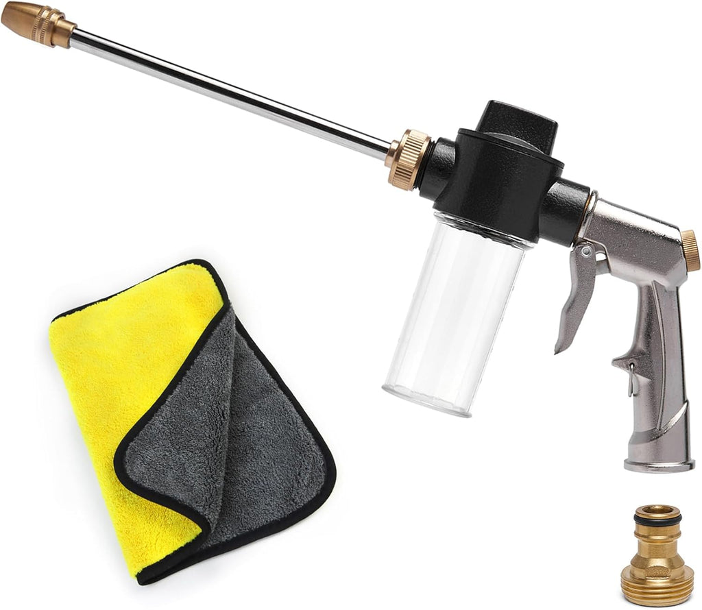 Car Wash Foam Gun for Hose, High Pressure Foam Gun Car Wash Sprayer with 100cc/3.5oz Plastic Soap Dispenser Bottle + Washing Towel, For Gardening, Watering Plants, Floor Cleaning (Silver)