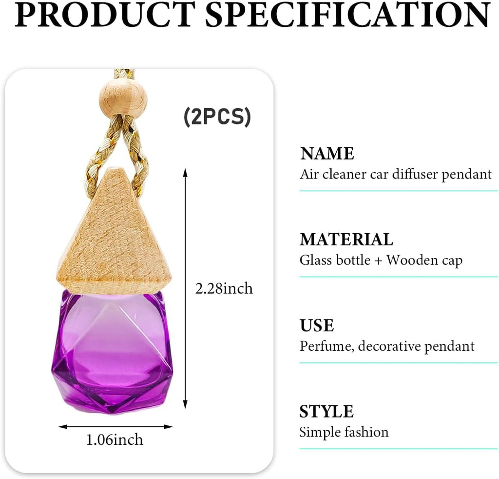 2 PCS Hanging Car Air Freshener, Clear Glass Essential Oil Diffuser Perfume Bottle Ornament, Hanging Perfume Pendant Aromatherapy Fragrance Decoration, Car Accessories (Purple)