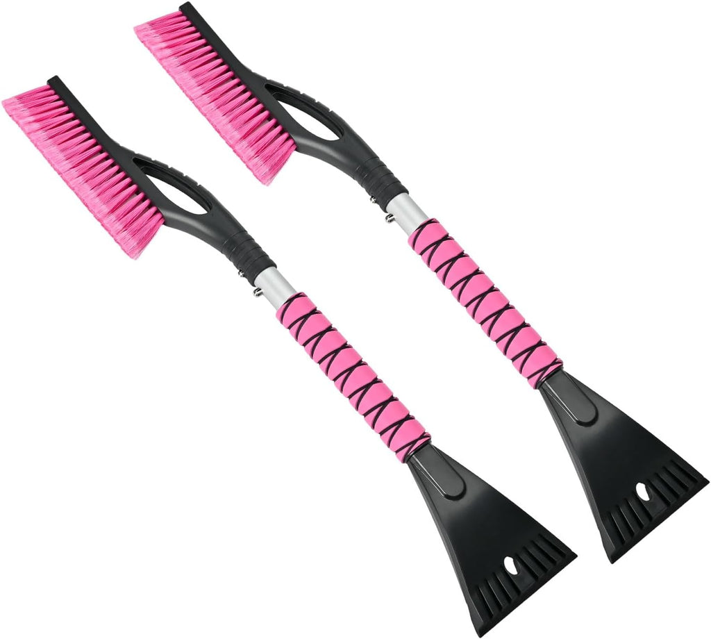 27" Snow Brush and Ice Scrapers for Car Windshield 2 Pack, Scratch-Free Bristle Head PVC Snow Brush & Foam Grip Window Snow Scraper Snow Removal Tool with Aluminum Body for Truck, SUV, Pink