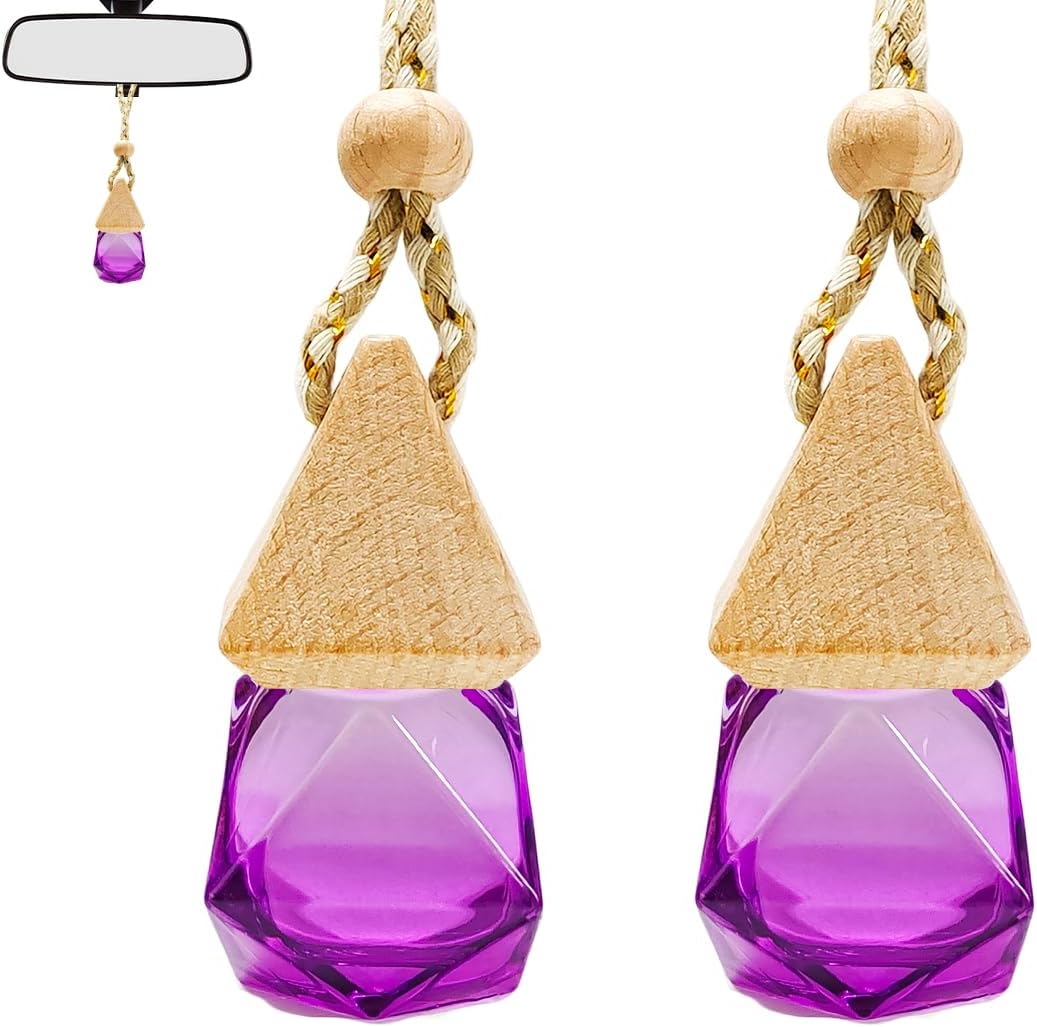 2 PCS Hanging Car Air Freshener, Clear Glass Essential Oil Diffuser Perfume Bottle Ornament, Hanging Perfume Pendant Aromatherapy Fragrance Decoration, Car Accessories (Purple)