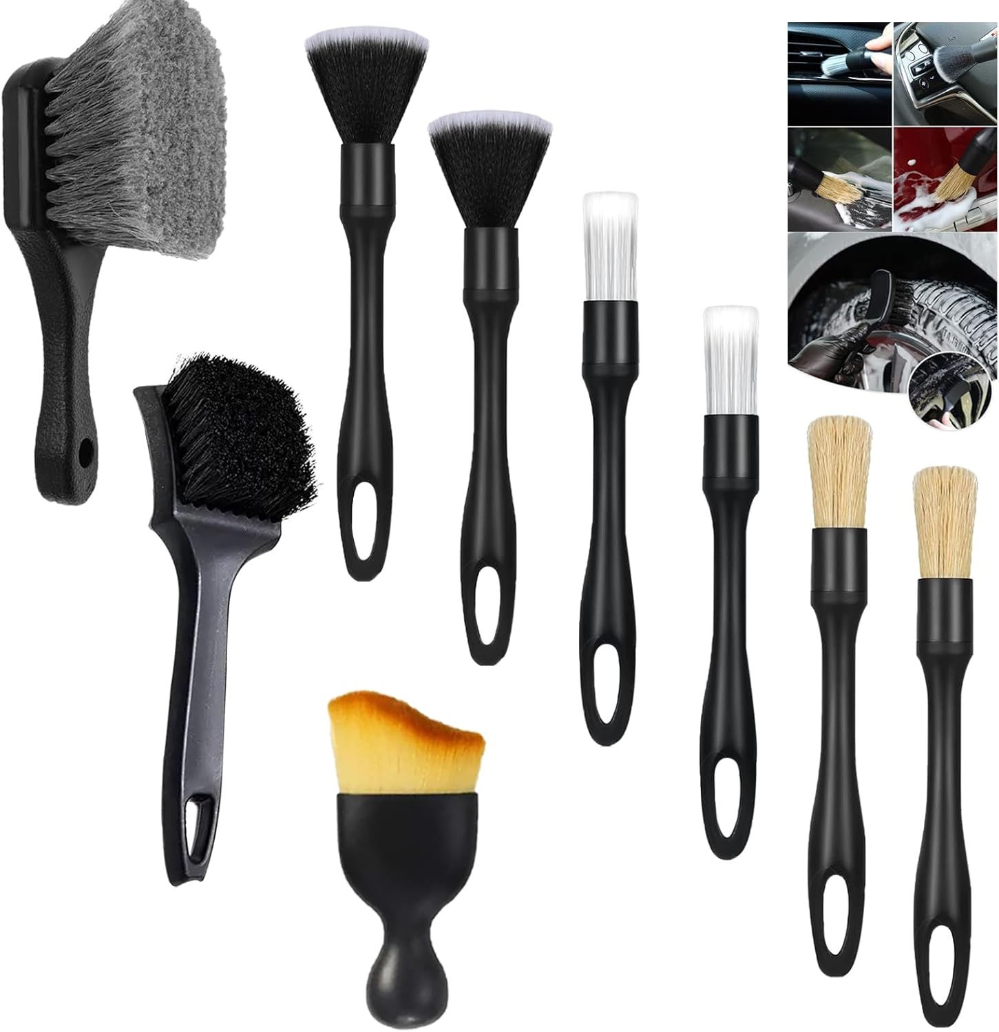 Car Detailing Brush Set, Car Wheel Brush, Tire Brush, Car Interior Dust Cleaning Kit, Ultra Soft Boars Hair Car Interior Detailing Brushes, for Cleaning Car Interior Exterior