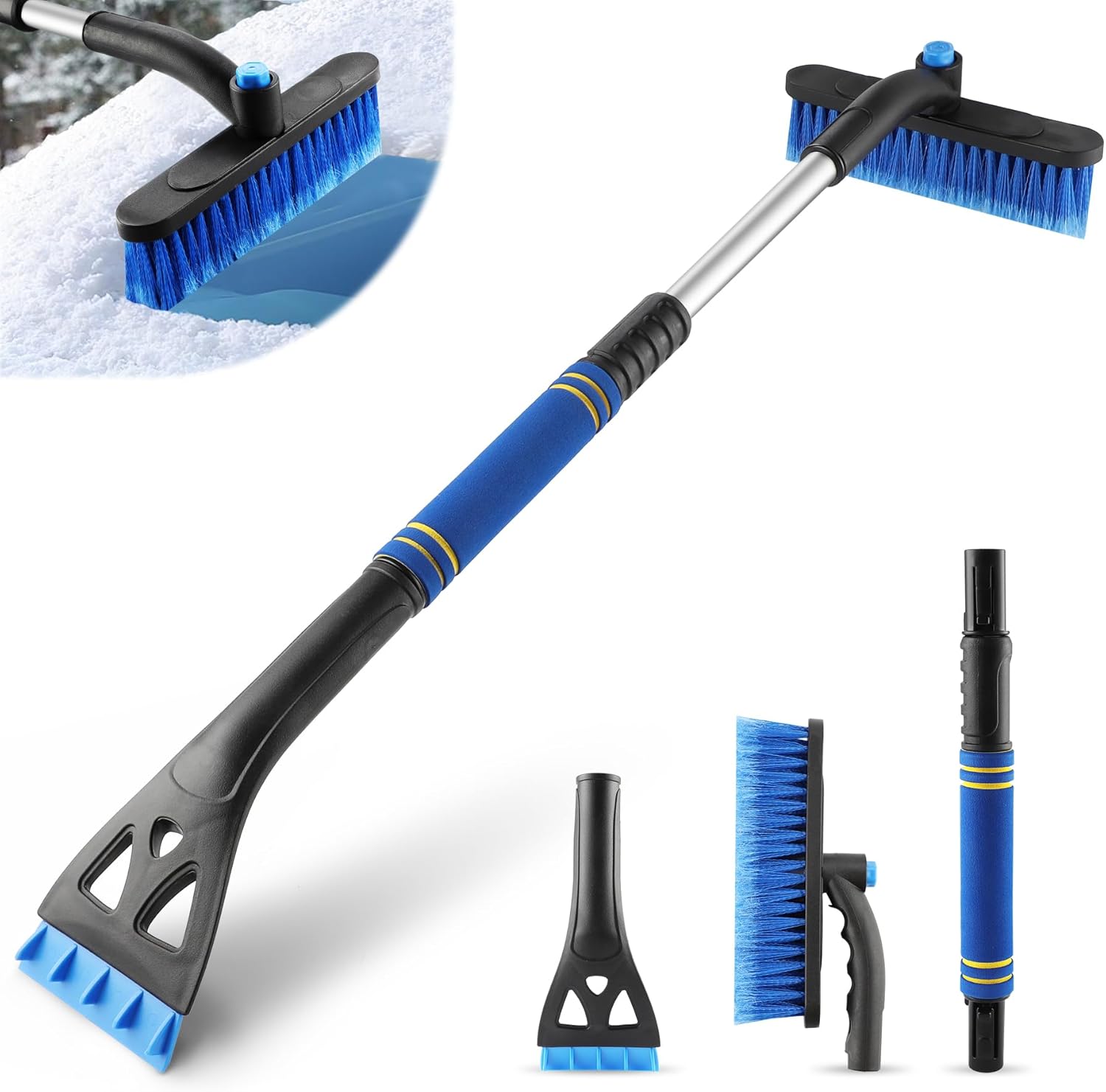 32" Extendable Ice Scraper & Snow Brush for Car Windshield, 360° Rotating Snow Removal Tool for Cars, Trucks & SUVs, Automotive Winter Essentials & Car Accessories for Men, Blue