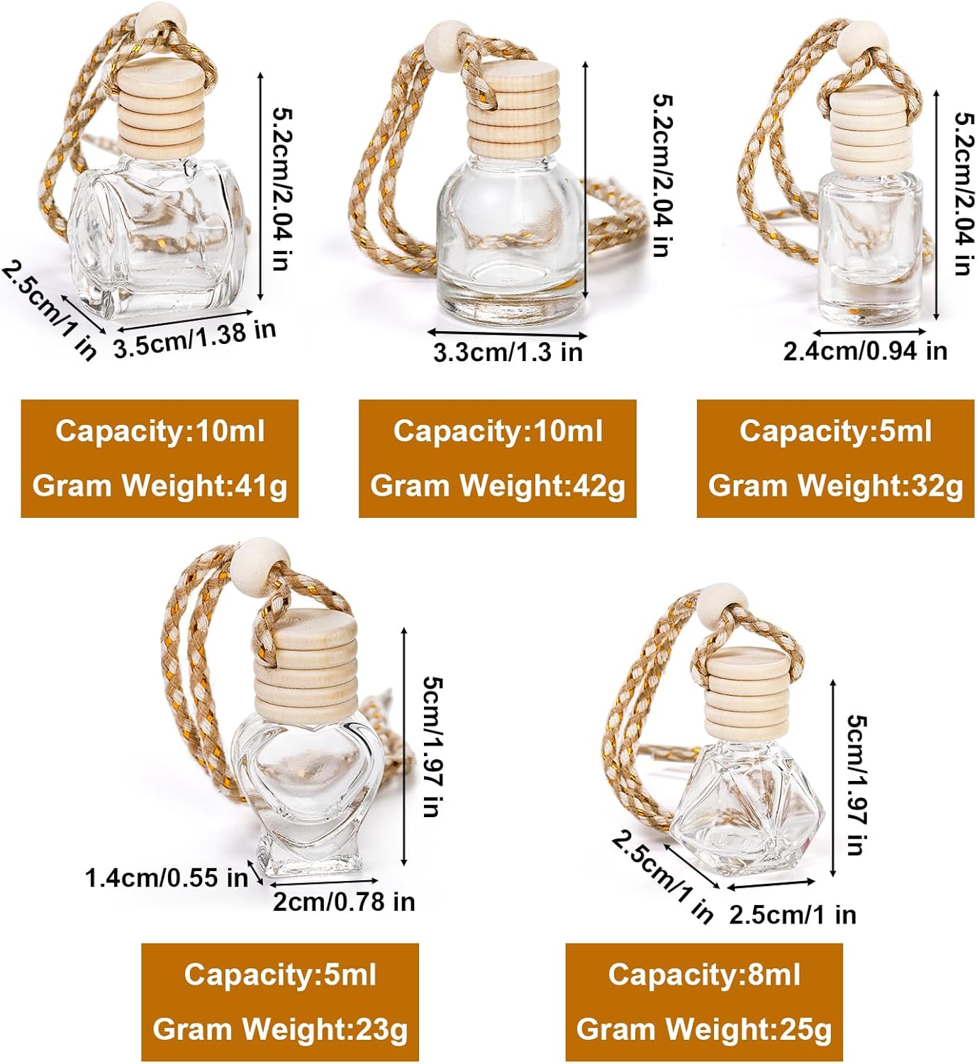 100 Pcs Hanging Car Air Freshener Diffuser, 10ml/8ml/5ml Empty Clear Glass Essential Diffuser Oil Aromatherapy Fragrance Perfume Pendant Glass Vials with Wooden Caps Lanyard, 5 Assorted Style