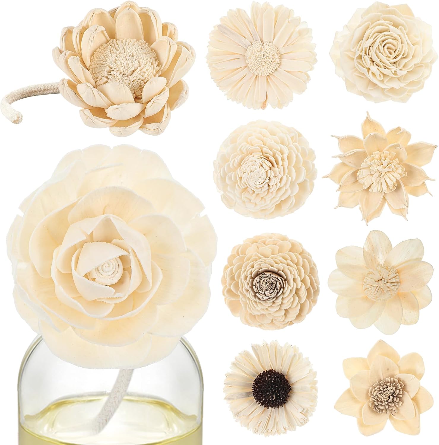 15 Pieces Diffuser Mixed  Natural Material Aromatherapy Reed Wood Flowers Decorative Aromatherapy Flower Placement Refill Wood Flower Diffuser with Rope (White,3.15-3.35 Inches)