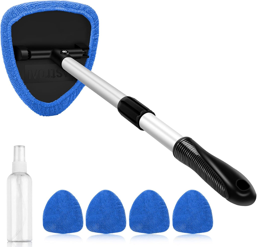Windshield Cleaner Tool, Car Interior Detailing Cleaning Kit with Extendable Handle and 4 Upgraded High-Density Reusable Microfiber Pads, Auto Glass Wiper Brush Kit for Cars, Blue, 15.9in-21in