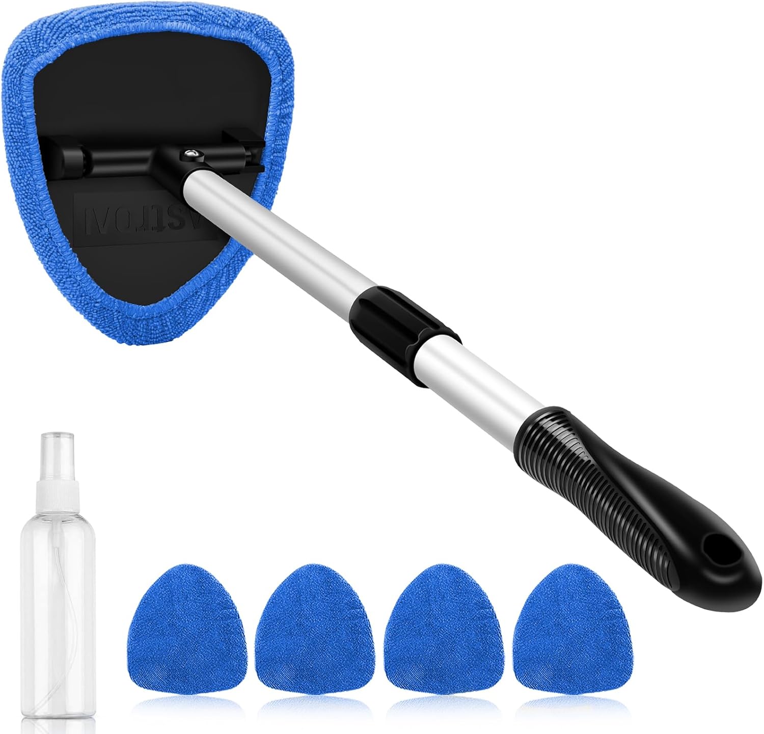 Windshield Cleaner Tool, Car Interior Detailing Cleaning Kit with Extendable Handle and 4 Upgraded High-Density Reusable Microfiber Pads, Auto Glass Wiper Brush Kit for Cars, Blue, 15.9in-21in