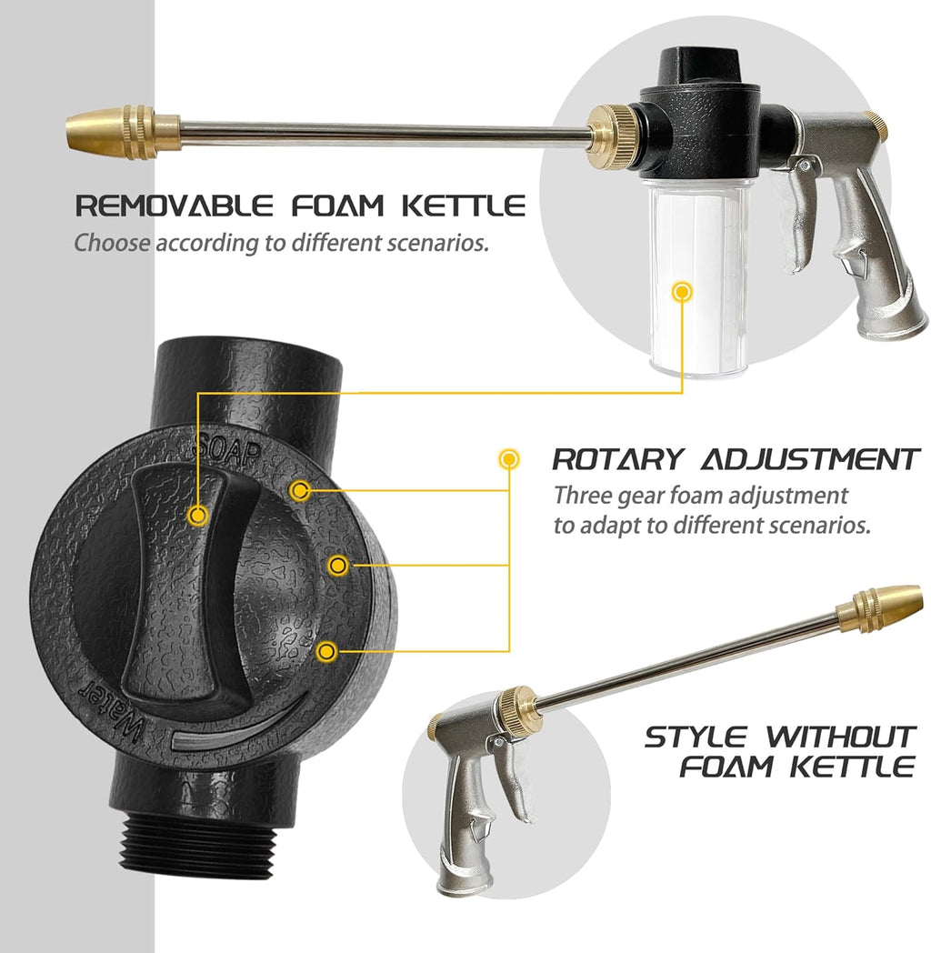 Car Wash Foam Gun for Hose, High Pressure Foam Gun Car Wash Sprayer with 100cc/3.5oz Plastic Soap Dispenser Bottle + Washing Towel, For Gardening, Watering Plants, Floor Cleaning (Silver)