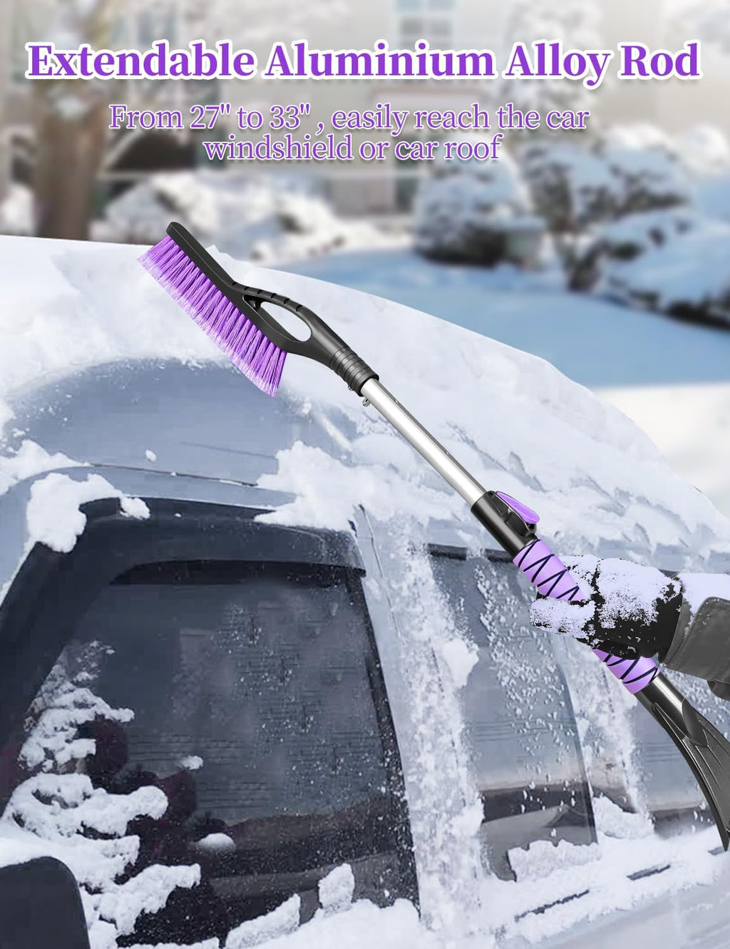 Ice Scraper and Brush for Car, Extendable Snow Brush and Ice Scraper for Car Windshield Window, Car Snow Scraper and Brush with Foam Grip for SUV Truck Automobile Vehicle - Purple