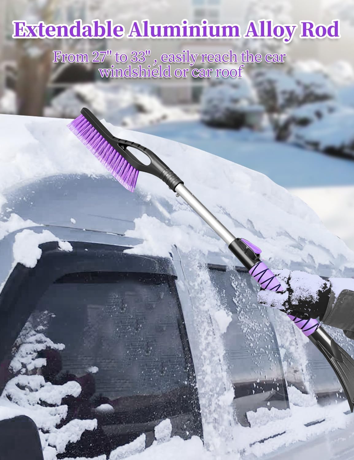 Ice Scraper and Brush for Car, Extendable Snow Brush and Ice Scraper for Car Windshield Window, Car Snow Scraper and Brush with Foam Grip for SUV Truck Automobile Vehicle - Purple