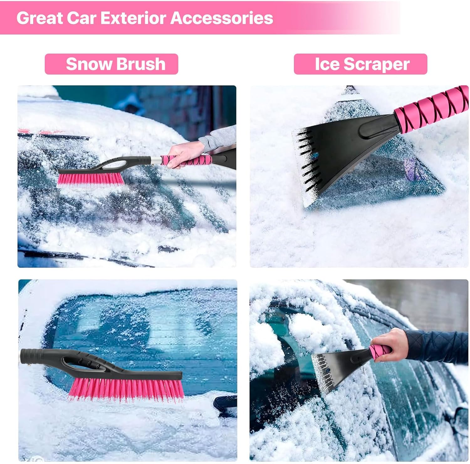 27" Snow Brush and Ice Scrapers for Car Windshield 2 Pack, Scratch-Free Bristle Head PVC Snow Brush & Foam Grip Window Snow Scraper Snow Removal Tool with Aluminum Body for Truck, SUV, Pink