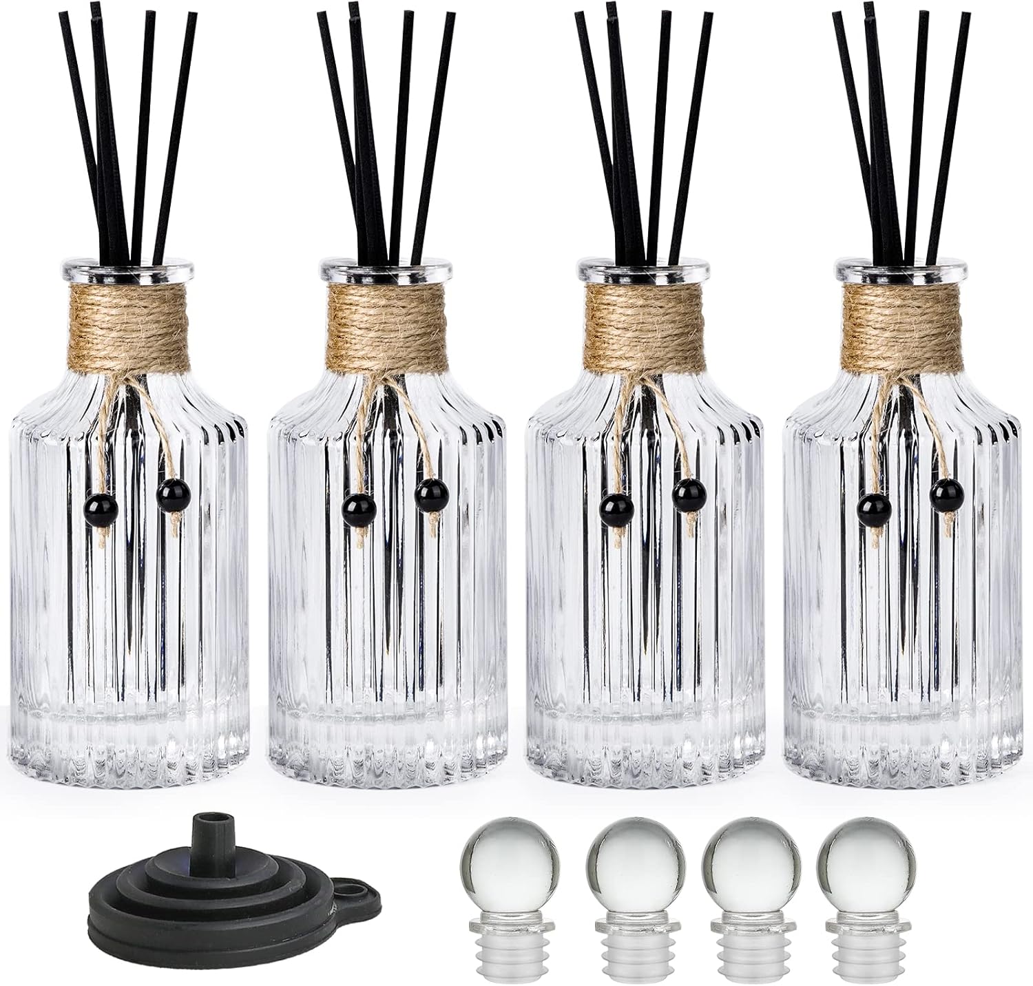 Reed Diffuser Bottle Glass Diffuser Bottles 8oz/250ml Set of 4 Empty Essential Oil Glass Diffuser Bottles with Stoppers and Reed Sticks Clear Decorative Bottle Set Bulk Reusable Perfume Jar