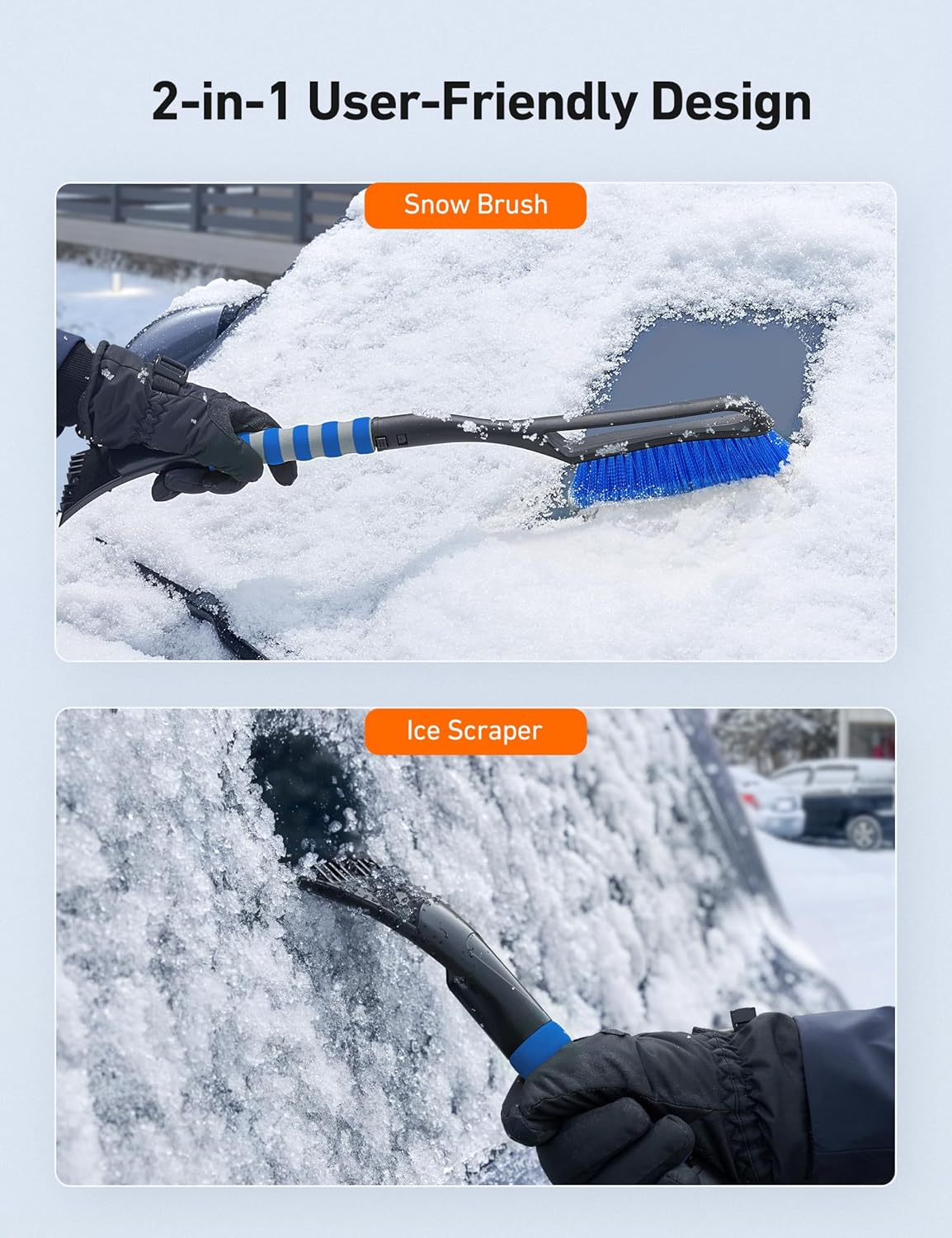2 Pack 27" Snow Brush and Ice Scrapers for Car Windshield, Detachable Snow Scrapers with Ergonomic Foam Grip for Cars, Trucks, SUVs (Heavy Duty ABS, PVC Brush, Orange)