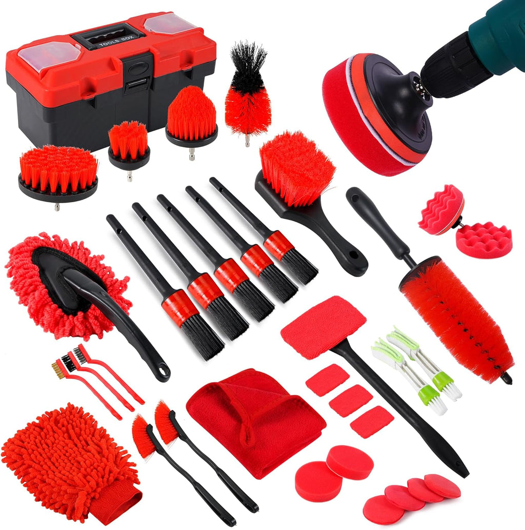 35Pcs Car Detailing Kit, Car Cleaning Kit with Windshield Cleaning Tool and Tool Box, Interior & Exterior Auto Care Supplies and Brushes (B：35PCS-R)
