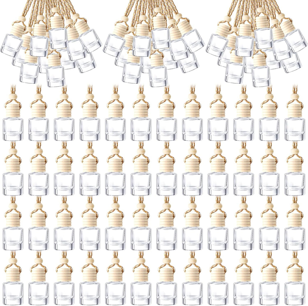 200 Pcs Hanging Car Diffuser Bottles Bulk, Empty Clear Glass Air Freshener Bottles with Wooden Cap for Perfume Essential Oils Fragrance Aromatherapy Ornament(Cylinder)