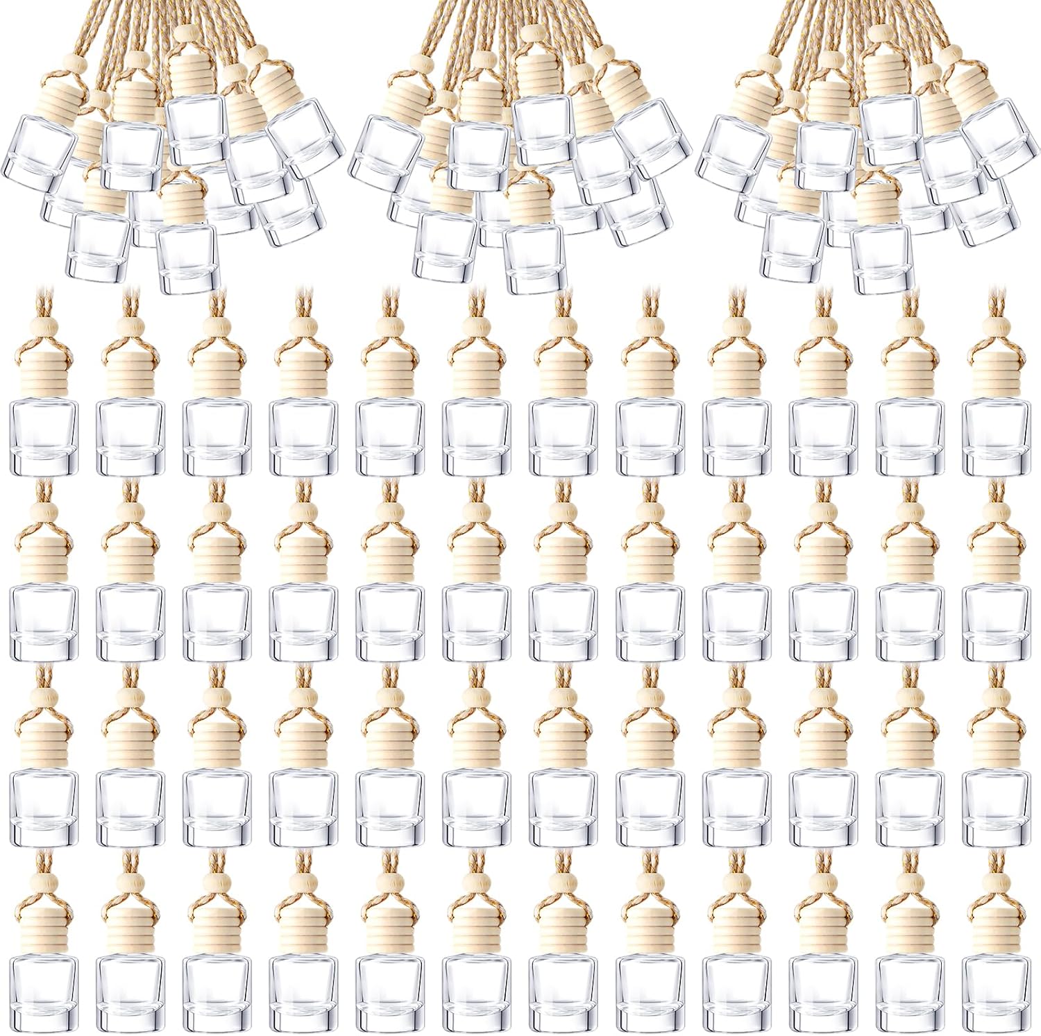 200 Pcs Hanging Car Diffuser Bottles Bulk, Empty Clear Glass Air Freshener Bottles with Wooden Cap for Perfume Essential Oils Fragrance Aromatherapy Ornament(Cylinder)