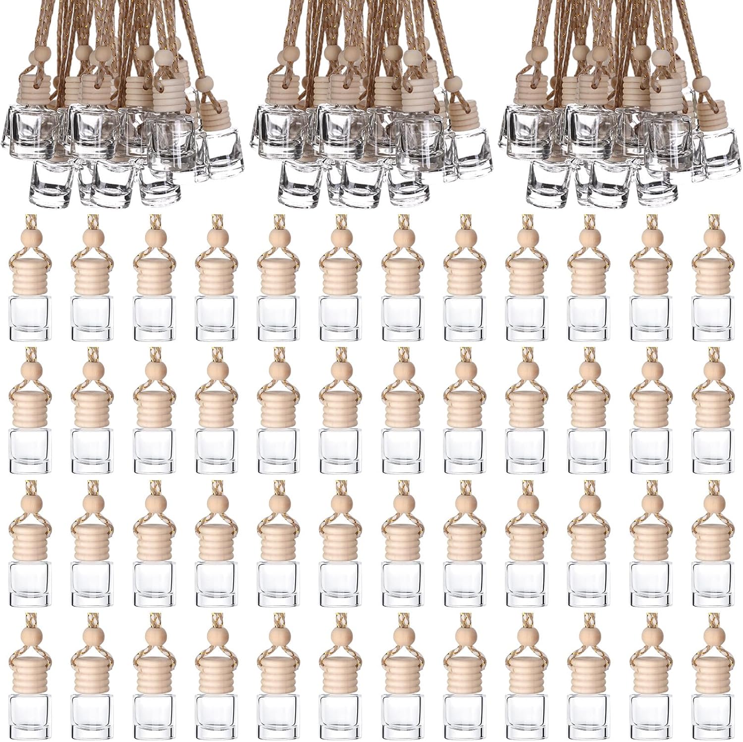210Pcs 8ml Hanging Car Air Freshener Diffuser Cylindrical Empty Clear Glass Essential Diffuser Oil Aromatherapy Fragrance Perfume Pendant Glass Vial with Wooden Caps Hanging String Car Diffuser Bottle