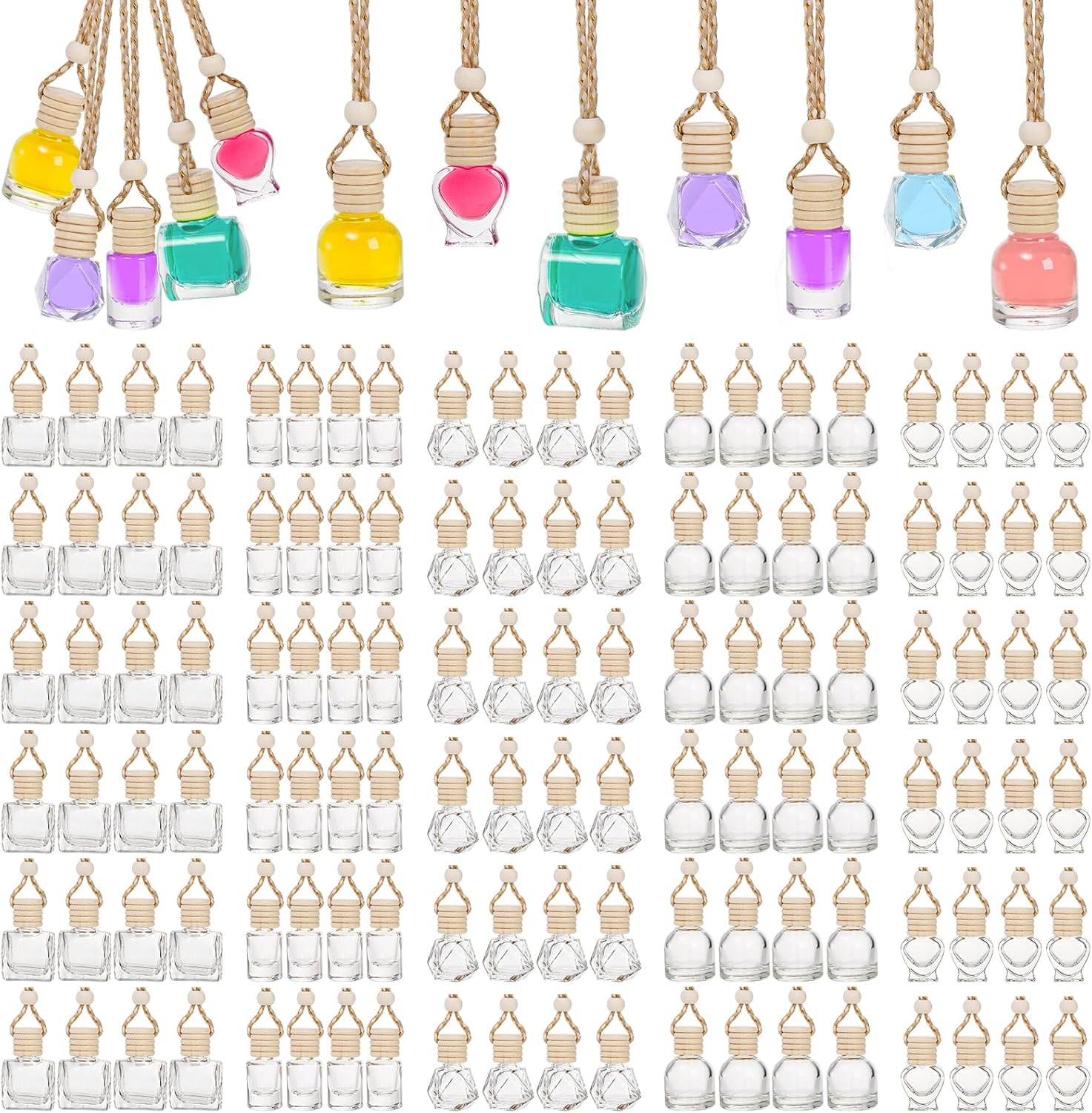 100 Pcs Hanging Car Air Freshener Diffuser, 10ml/8ml/5ml Empty Clear Glass Essential Diffuser Oil Aromatherapy Fragrance Perfume Pendant Glass Vials with Wooden Caps Lanyard, 5 Assorted Style